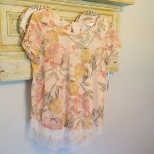 Lauren Conrad pink lace trim floral shirt